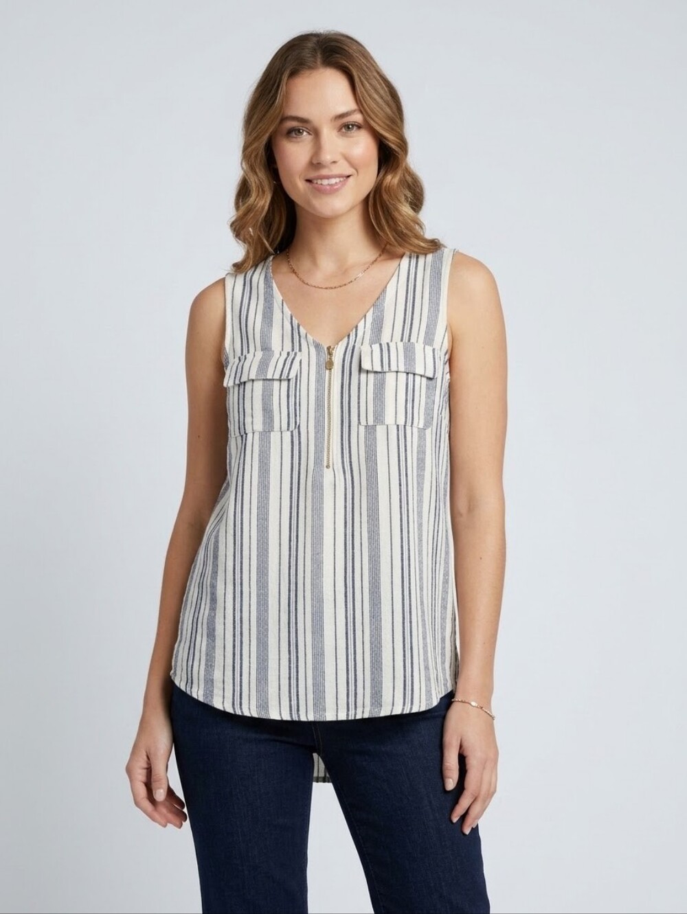 Ellen Tracy Linen Blend Striped Half Zip Tank Top Medium Boho Nautical